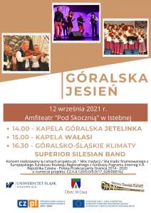 Plakat koncertu plenerowego Góralska Jesień z występami zespołów Jetelinka, Wałasi, Superior Silesian Band